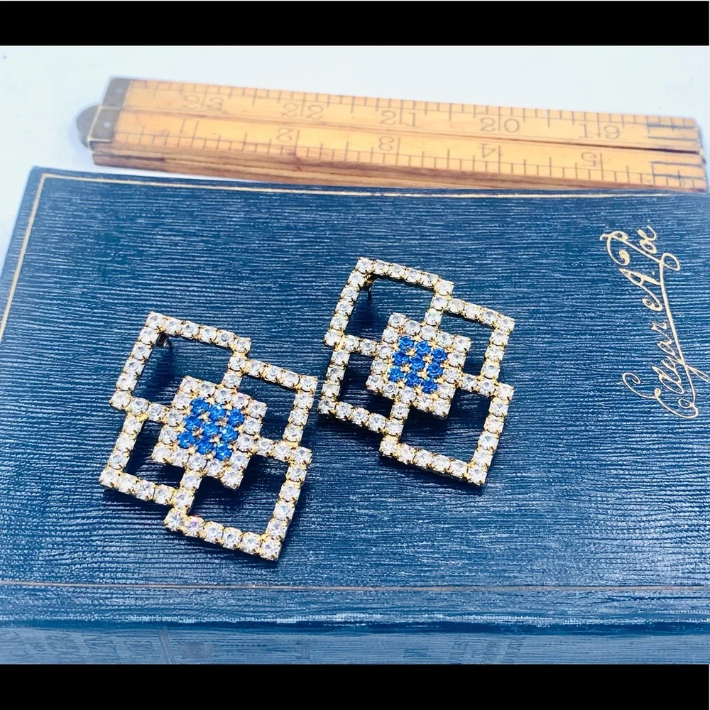 Vintage rhinestone pierced earrings geometric costume jewelry new old stock